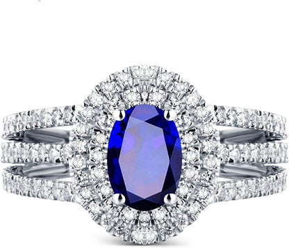 KnSam Women Ring 18K, Blue Sapphire 4 Claws Oval Sapphire with Shinny Diamond