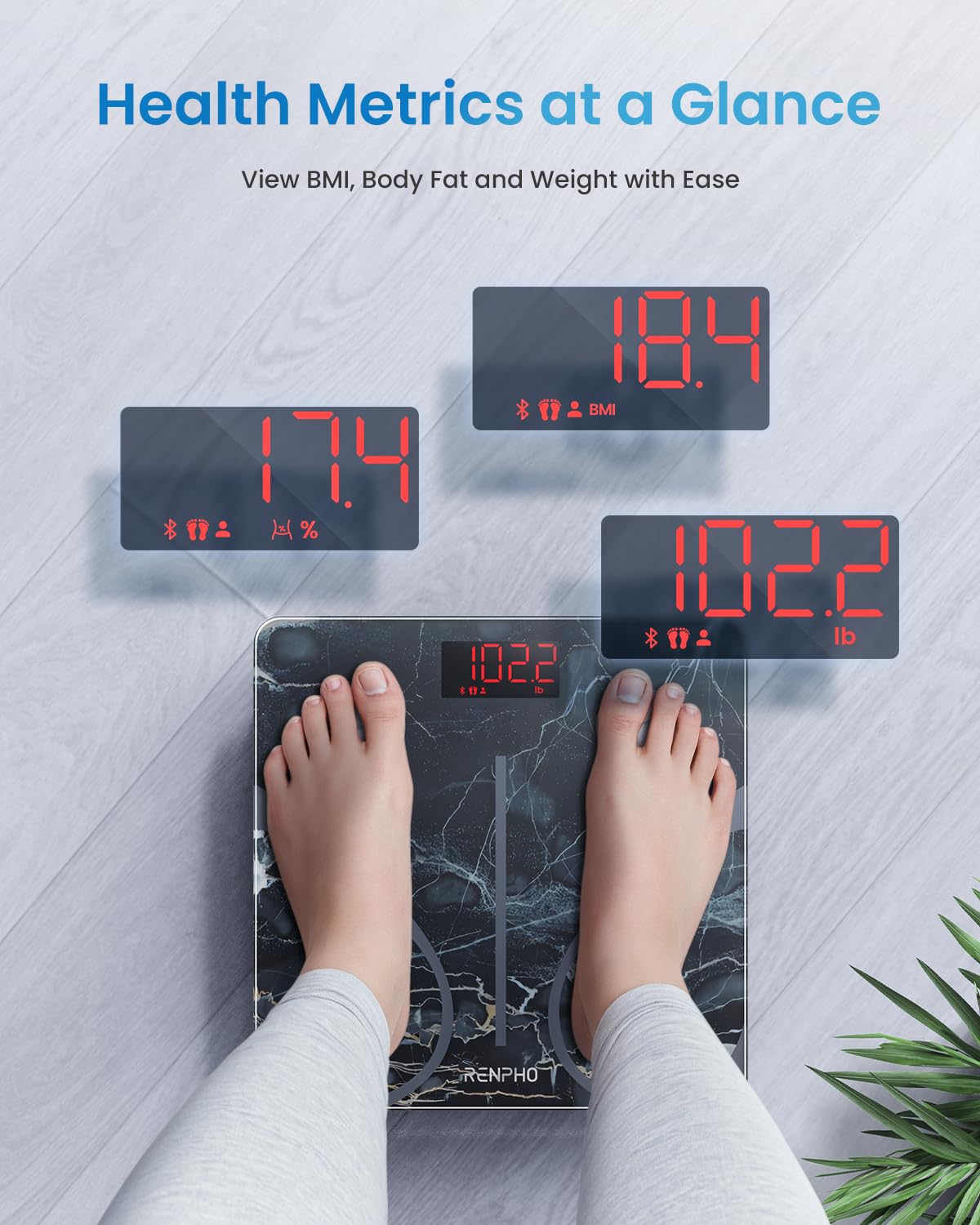 RENPHO Smart-Waage für Körpergewicht, FSA- und HSA-berechtigt, Digitale Badezimmerwaage BMI Waage Bluetooth Körperfettwaage, Körperanalysewaage Gesundheitsanalysator mit Smartphone-App, 400 lbs - Elis 1