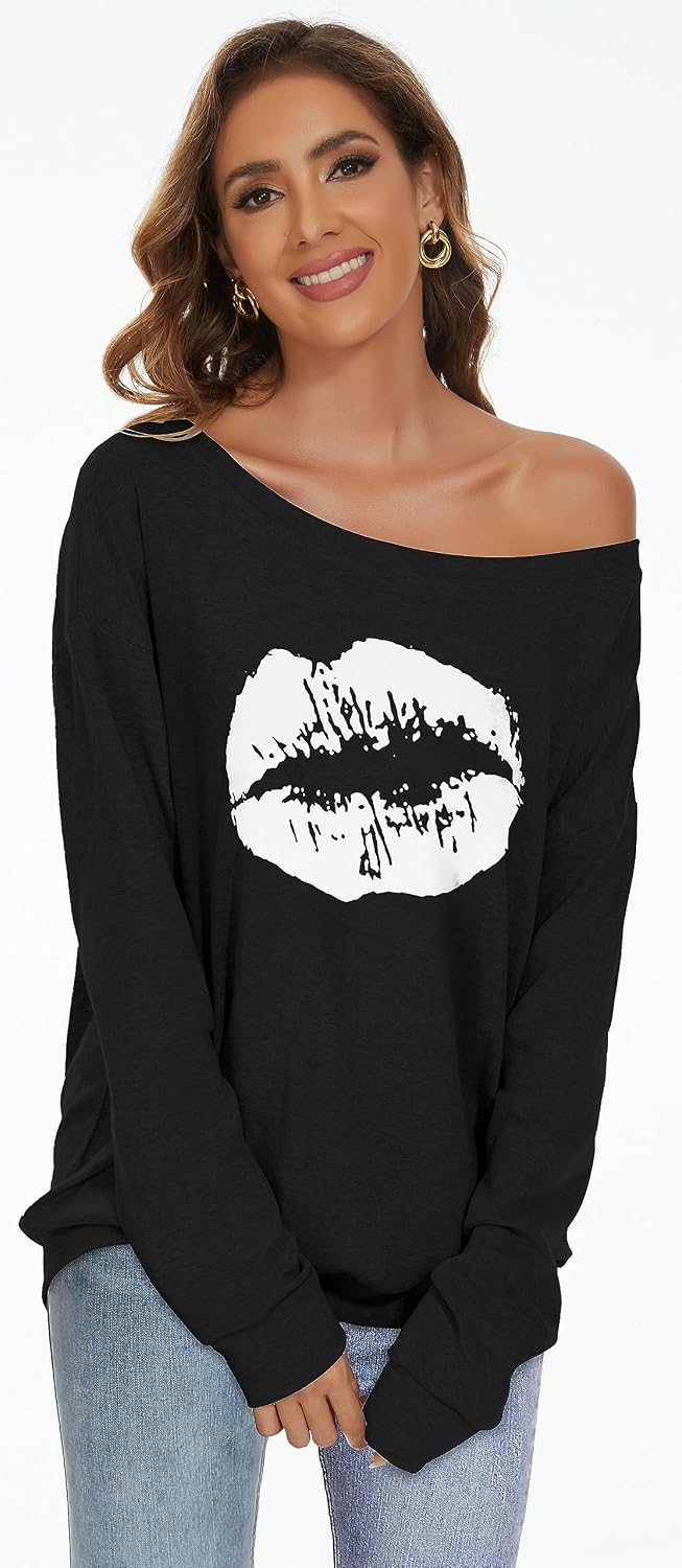Womens Off The Shoulder Tops Long Sleeve Pullover Sweatshirt Sweater Causal Loose Blouse Tunic Shirt