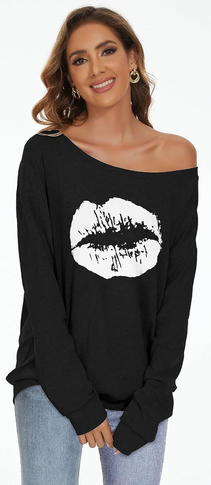 Womens Off The Shoulder Tops Long Sleeve Pullover Sweatshirt Sweater Causal Loose Blouse Tunic Shirt