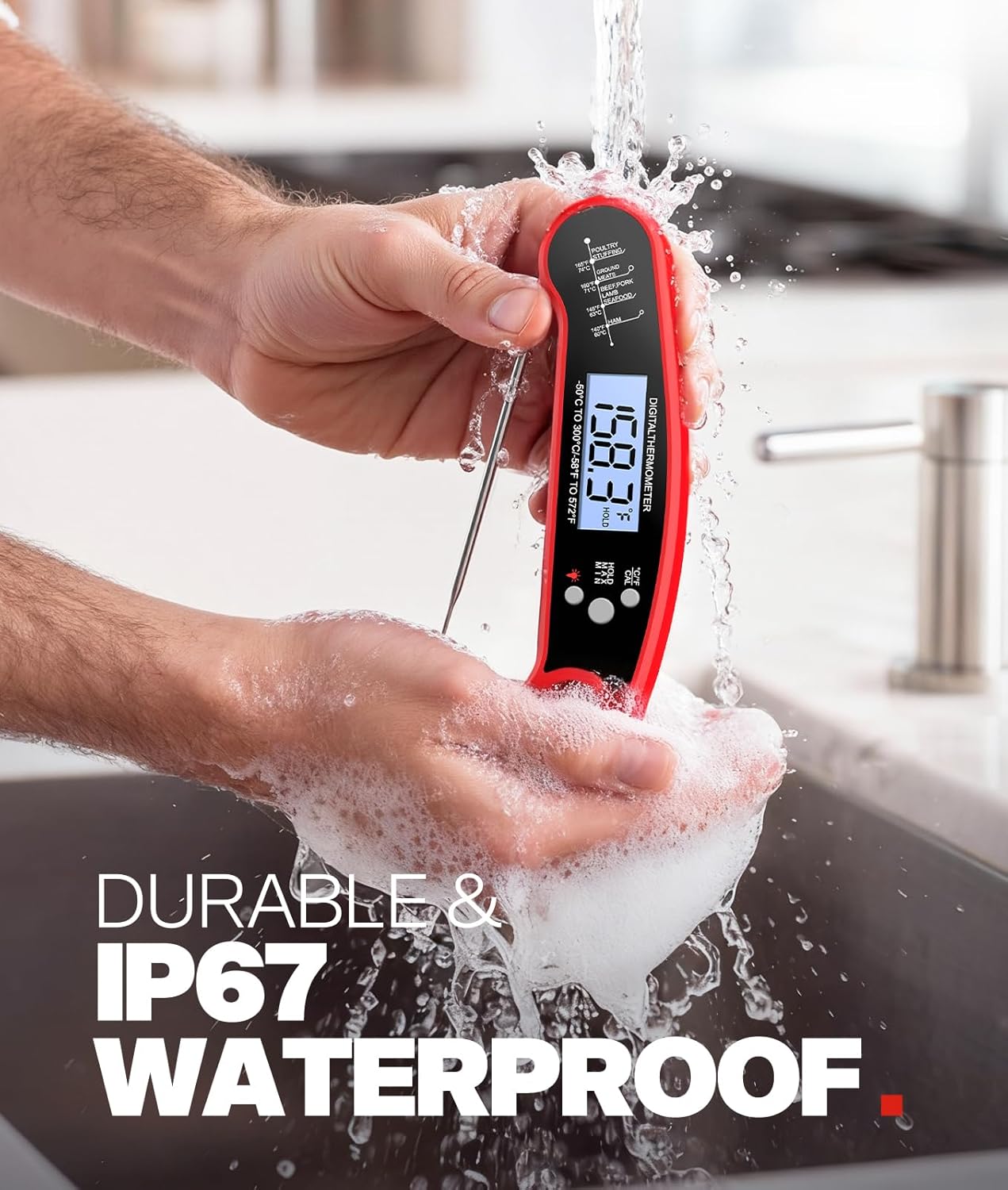 Meat Thermometer Digital – Instant Read Food Thermometer for Grilling, BBQ, Air Fryer, Smoker, Candy Making, Kitchen Gadgets, BBQ Essentials, Gift for Fathers Day, Dad Men Husband Him, Red