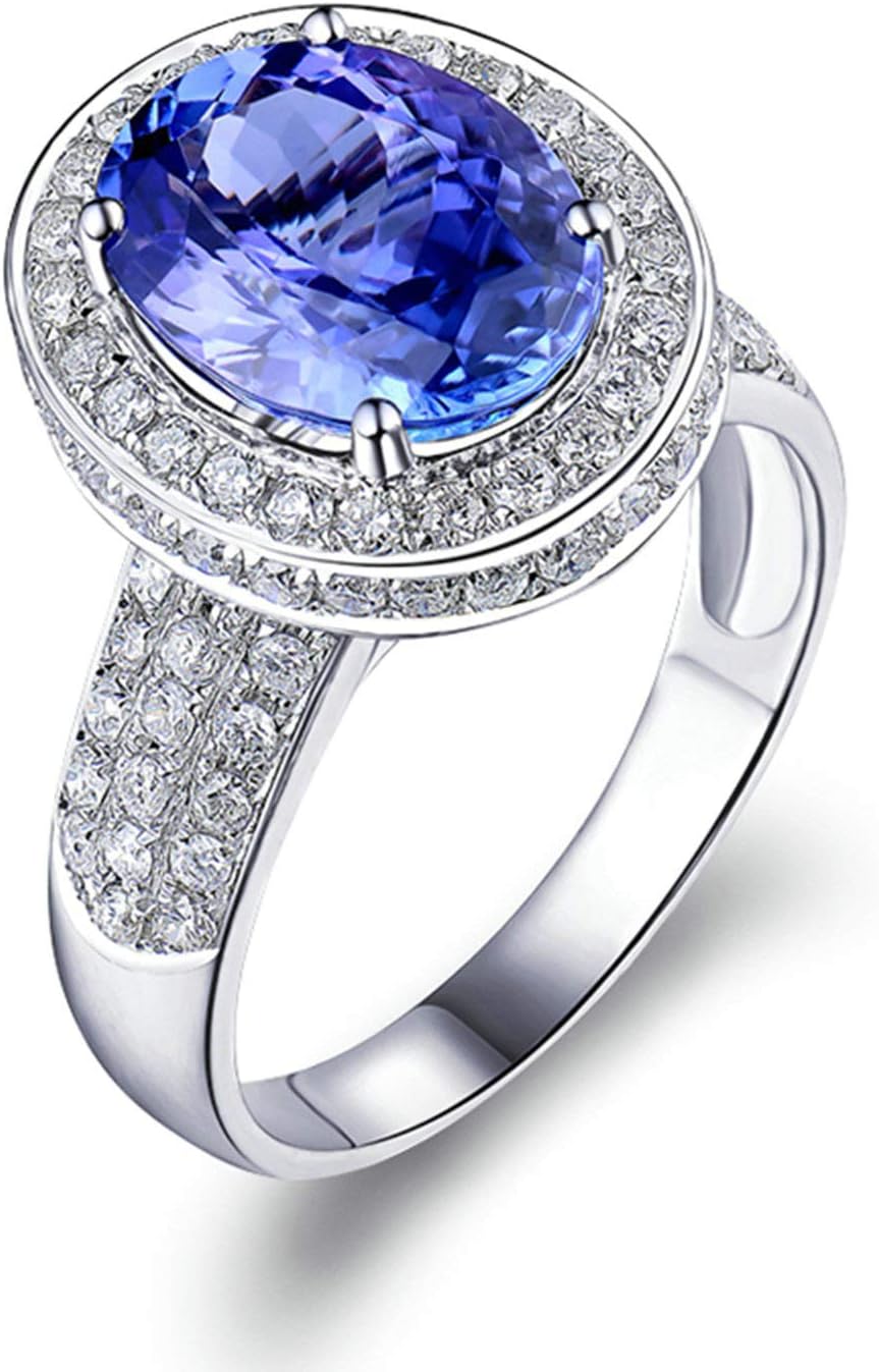 AmDxD 18K Gold Band Ring, Women Wedding Ring Band 3.8ct Oval Cut Blue Tanzanite with 1.22ct Diamond Birthday Gifts | Valentine Gifts