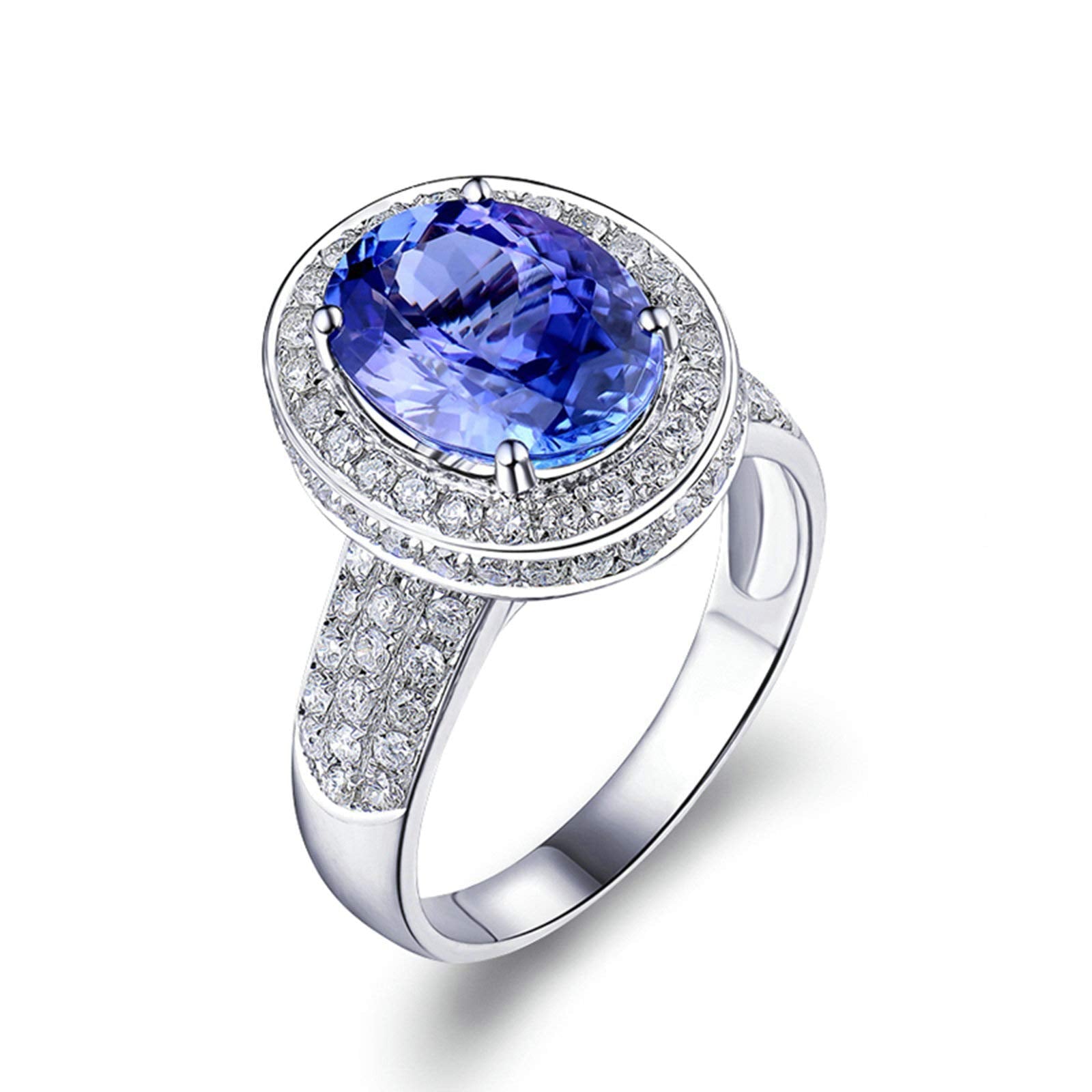 AmDxD 18K Gold Band Ring, Women Wedding Ring Band 3.8ct Oval Cut Blue Tanzanite with 1.22ct Diamond Birthday Gifts | Valentine Gifts