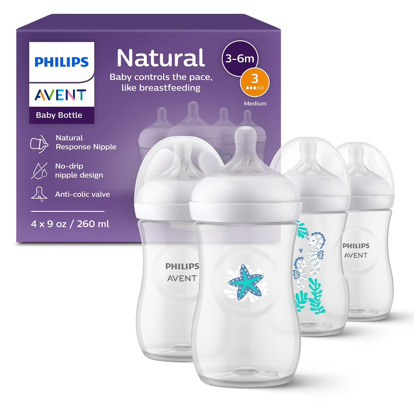 Philips Avent Natural Baby Bottle with Natural Response Nipple (Medium Flow,Flow 3), 9oz, SCY903/01
