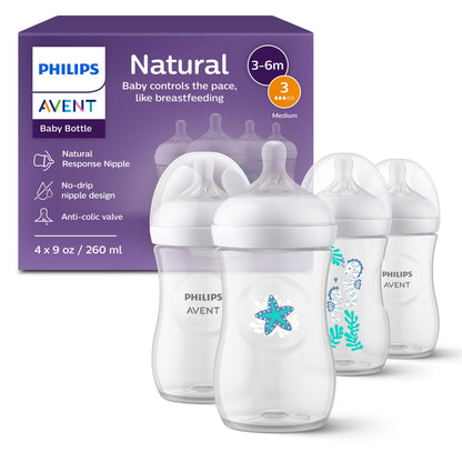 Philips Avent Natural Baby Bottle with Natural Response Nipple (Medium Flow,Flow 3), 9oz, SCY903/01