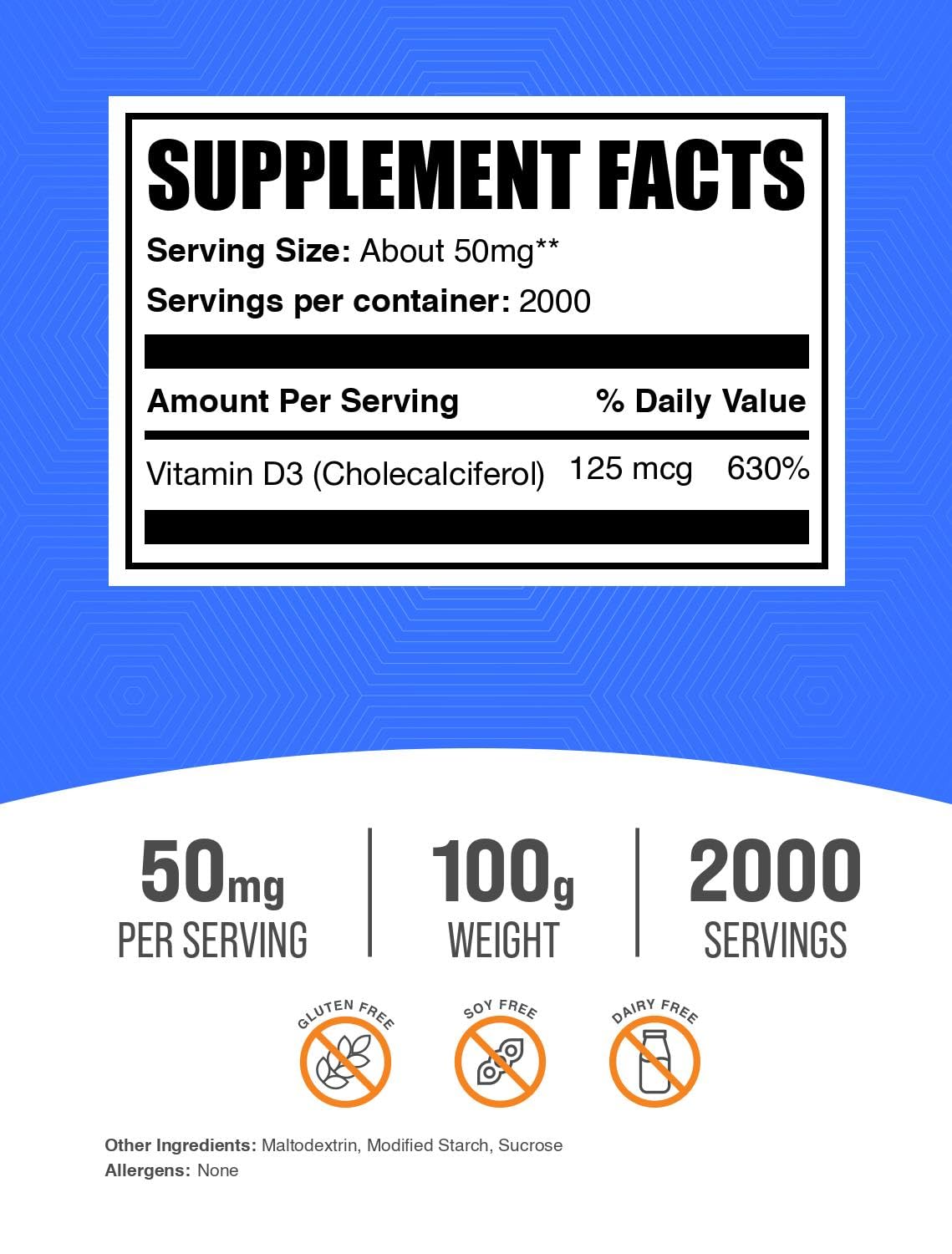 BulkSupplements.com Vitamin D3 Powder - Cholecalciferol, Vitamin D Supplements, Vitamin D3 5000 IU - Gluten Free, 50mg (125mcg of Vitamin D3) per Serving, 5kg (11 lbs) (Pack of 5)