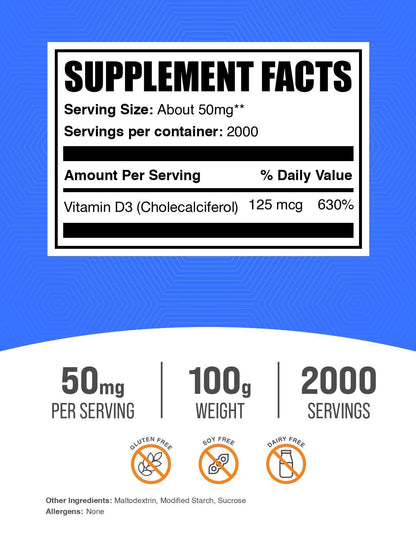 BulkSupplements.com Vitamin D3 Powder - Cholecalciferol, Vitamin D Supplements, Vitamin D3 5000 IU - Gluten Free, 50mg (125mcg of Vitamin D3) per Serving, 5kg (11 lbs) (Pack of 5)