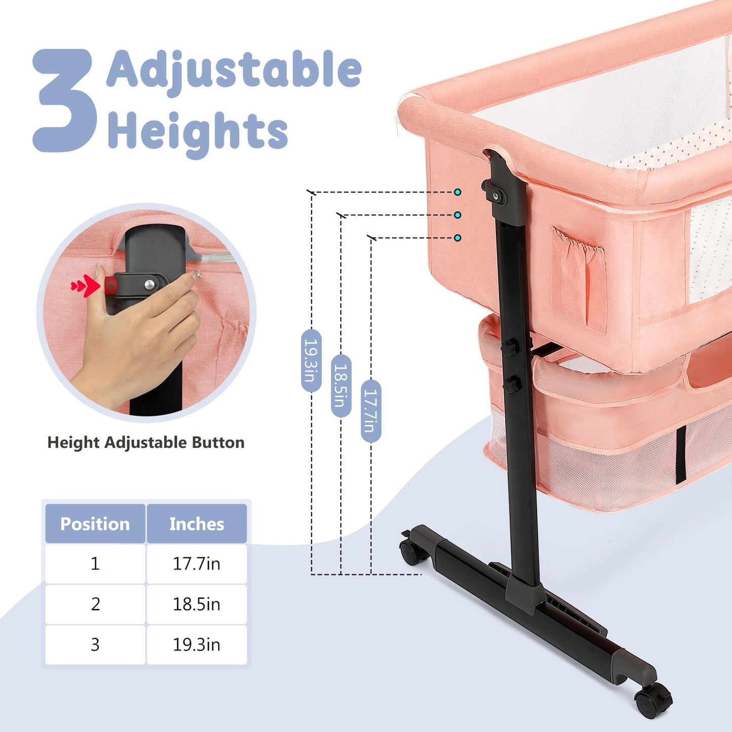Semphis Baby Bassinet, 3 in 1 Bassinets Bedside Sleeper, Adjustable Height Bedside Sleeper with Rocking Mode, Breathable Mesh, Storage Basket, Wheels, Easy Assemble & Folding (Gray)
