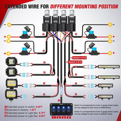 Nilight - NI -WA 06 LED Light Bar Wiring Harness Kit - 2 Leads 12V On Off Switch Power Relay Blade Fuse for Off Road Lights LED Work Light, 2 Years Warranty