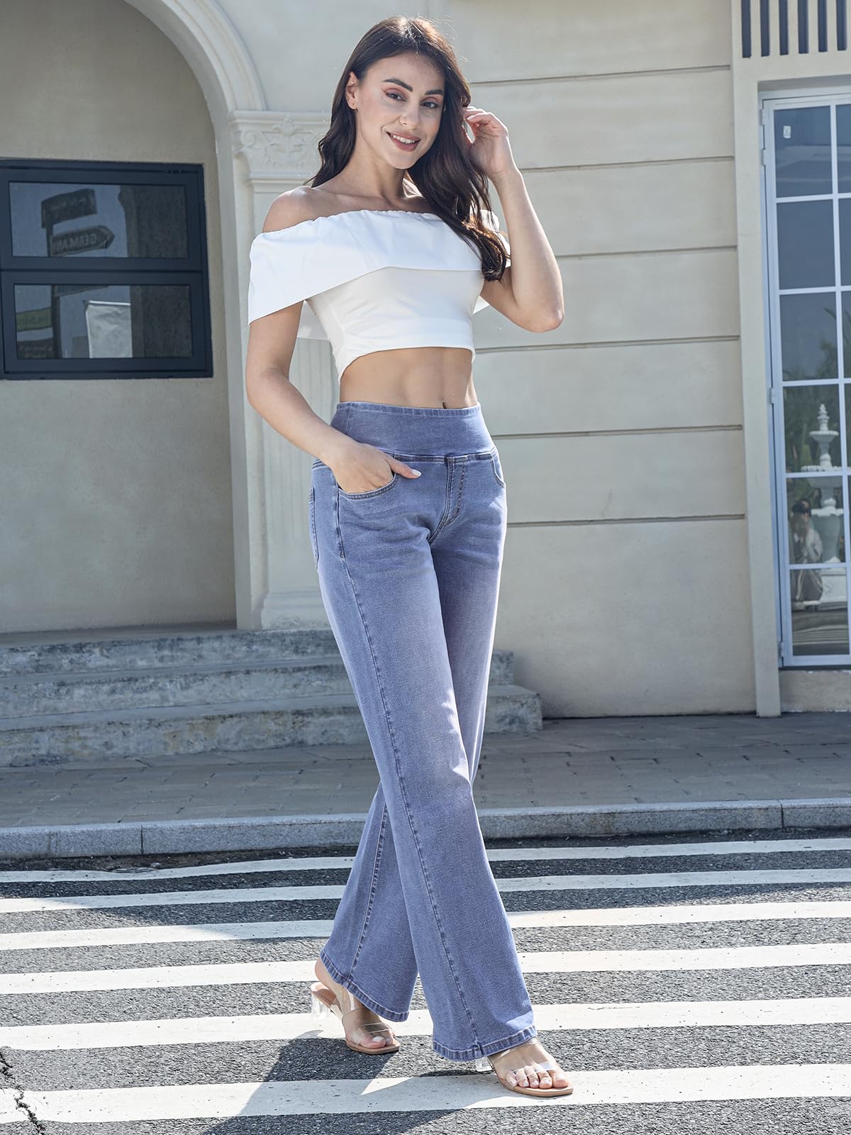Chasehot Damen Jeans, Weites Bein, zum Reinschlüpfen, High Waist, Stretchy, Baggy, Trendy, Bauchkontrolle, Gerades Bein, Denim, Dunkelindigo Waschung-L