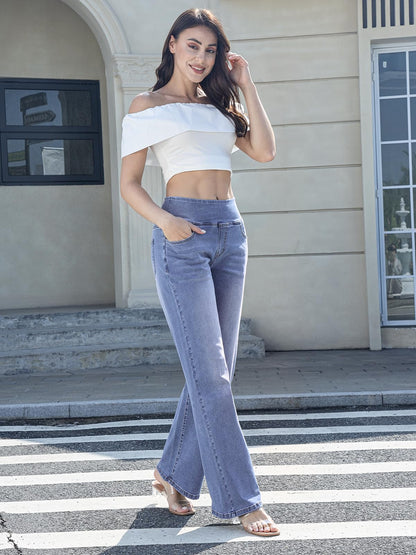 Chasehot Damen Jeans, Weites Bein, zum Reinschlüpfen, High Waist, Stretchy, Baggy, Trendy, Bauchkontrolle, Gerades Bein, Denim, Dunkelindigo Waschung-L