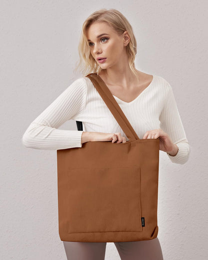 Prite Corduroy Tote Bag for Women Large Shoulder Bag with Zipper and Pockets for College Work Travel Shopping(Black)