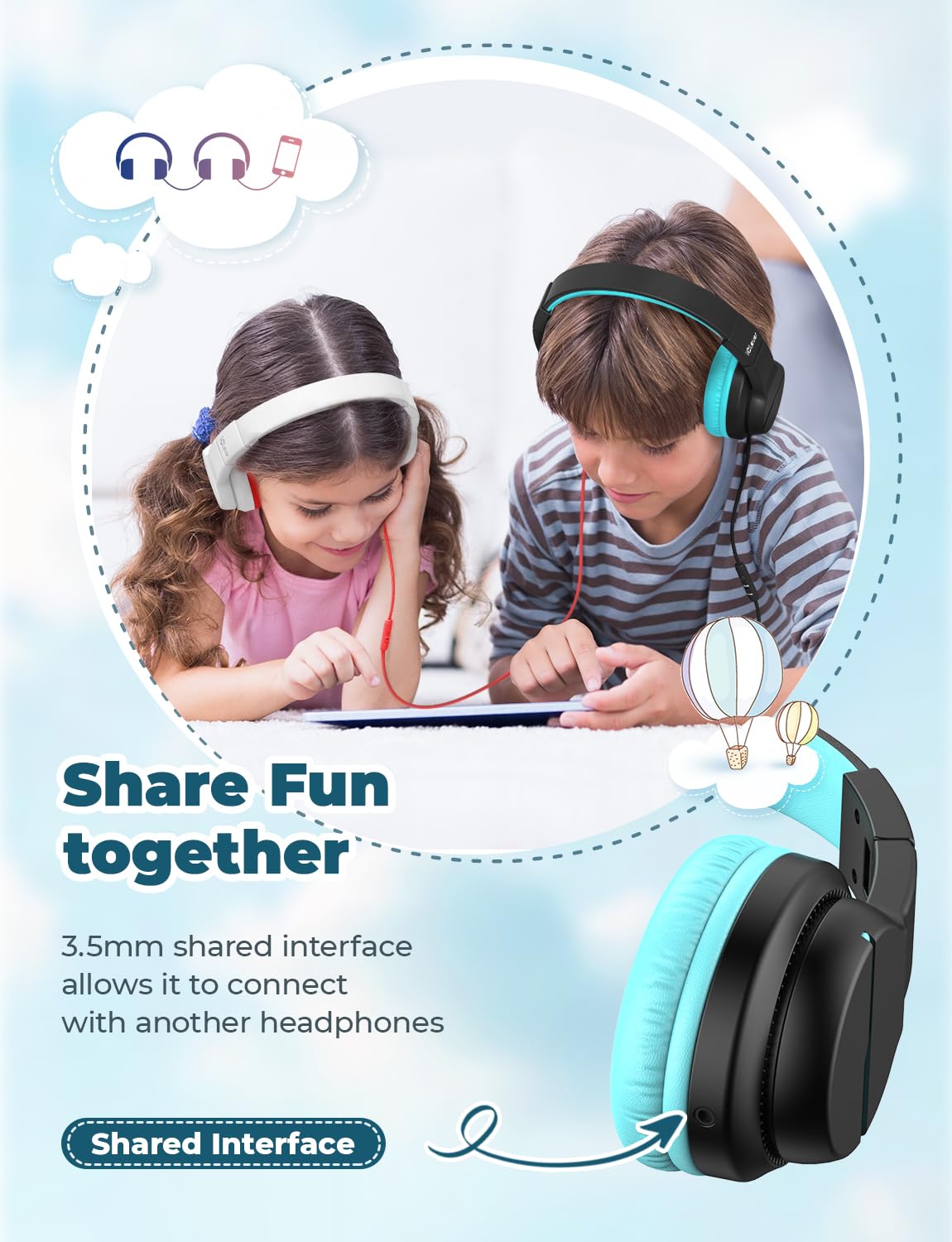 iClever Kinderkopfhörer für Schule und Reisen, sichere Lautstärkebegrenzung, HD-Mikrofon, Stereo-Sound Over-Ear-Kopfhörer für Mädchen und Jungen, FunShare Faltbar, 3,5 mm kabelgebunden für iPad Computer, HS19
