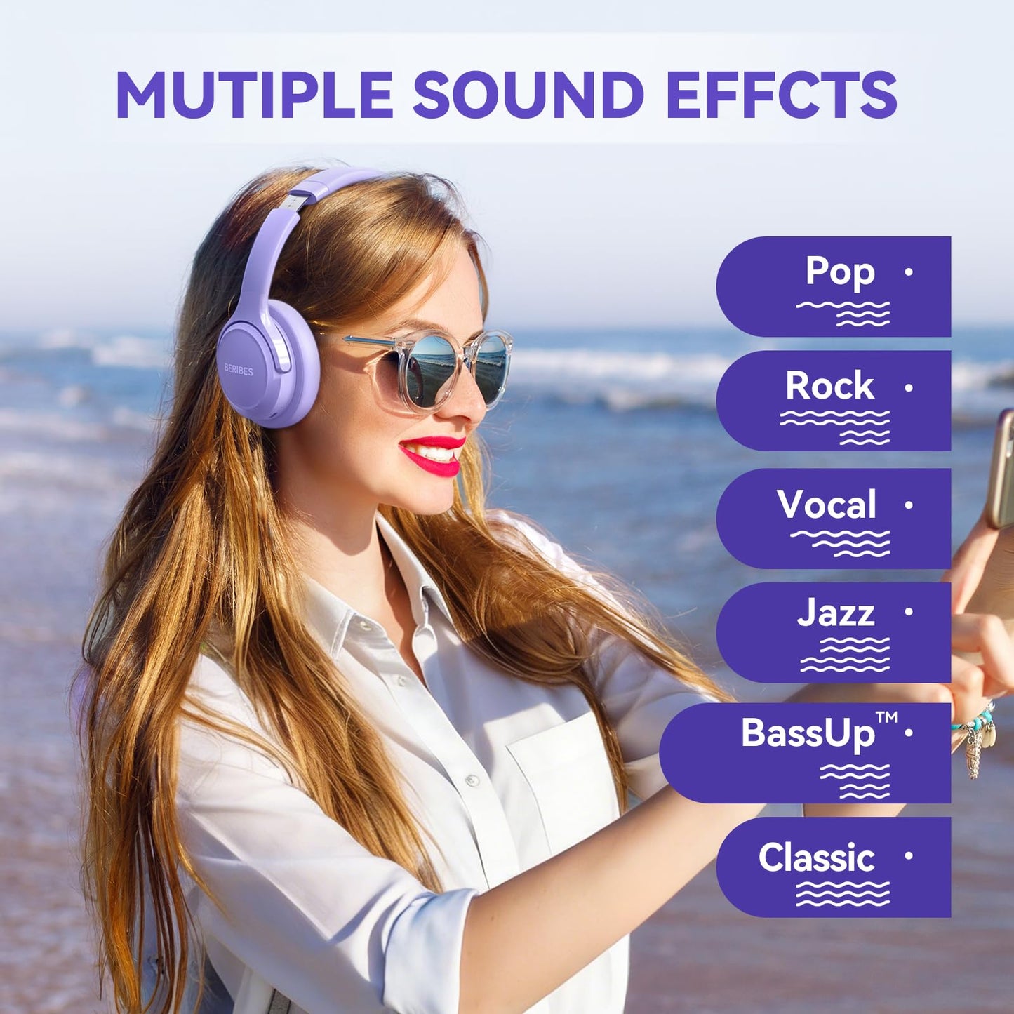 Auriculares Bluetooth BERIBES de diadema, 65H de reproducción y 6 modos de ecualización Auriculares inalámbricos con micrófono, auriculares plegables ligeros HiFi estéreo, graves profundos para oficina en casa, teléfono móvil, PC, etc.