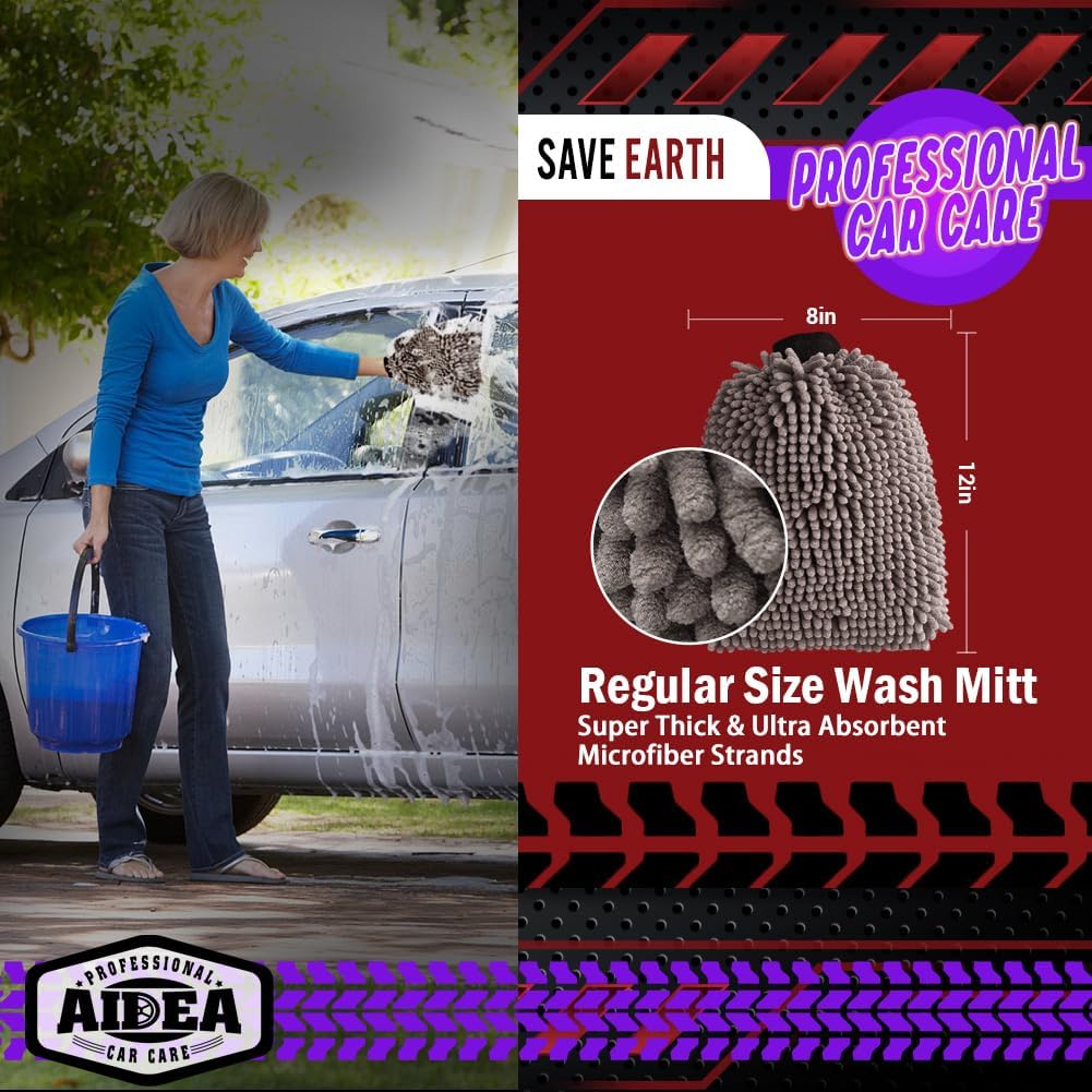 AIDEA Auto Waschhandschuh Mikrofaser, 2er Pack Kratzfrei Fusselfrei, Premium Chenille Mikrofaser Waschhandschuh Auto Waschbürste, Grün, Reguläre Größe 18,08 cm x 25,76 cm