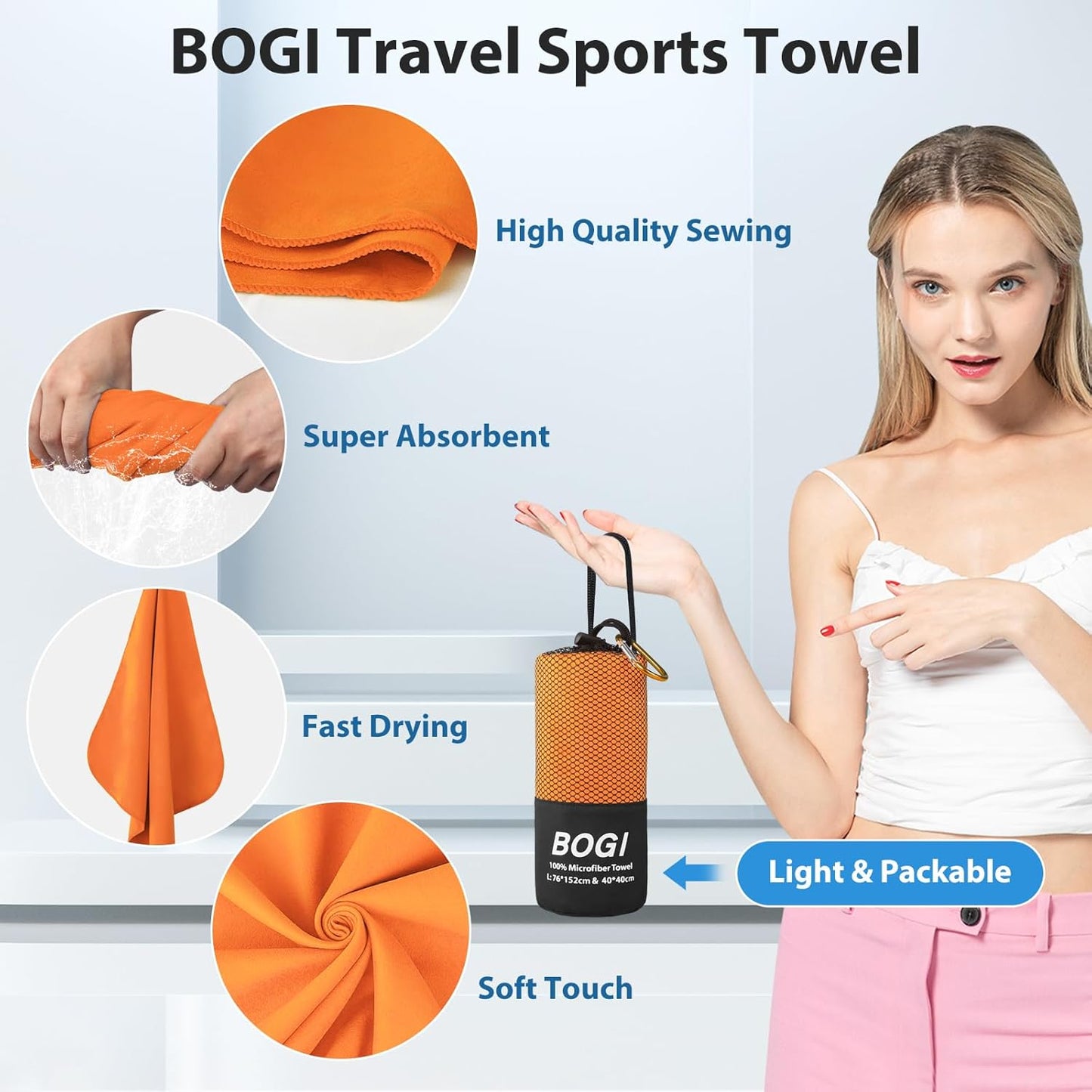 BOGI Mikrofaser Reise-Sporthandtuch – Schnelltrocknendes Handtuch, weiches, leichtes Mikrofaser Campinghandtuch, saugfähiges, kompaktes Reisehandtuch für Camping, Fitnessstudio, Strand, Bad, Yoga, Schwimmen, Rucksacktouren (M:40''x20''-Dunkelblau)