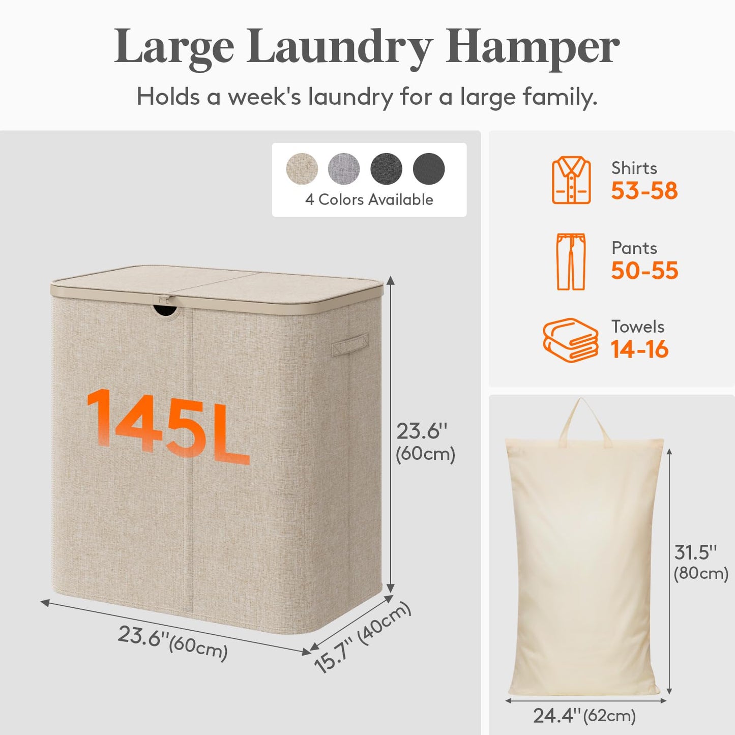 Lifewit 105L Large Laundry Basket with Lid, Laundry Hamper with Plastic Handles and Removable Bag, Foldable Tall Dirty Clothes Hampers for Laundry for Laundry Room, Bedroom, Bathroom, Dorm, Beige