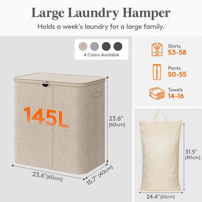 Lifewit 105L Large Laundry Basket with Lid, Laundry Hamper with Plastic Handles and Removable Bag, Foldable Tall Dirty Clothes Hampers for Laundry for Laundry Room, Bedroom, Bathroom, Dorm, Beige