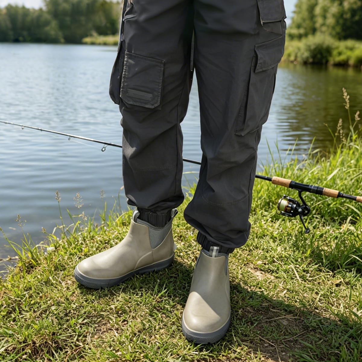 Men's Deck Boots, Waterproof Ankle Rain Boots with Anti-Slip Traction, Rubber Garden & Fishing Boots for Boating, Camping, Farming & Outdoor Work