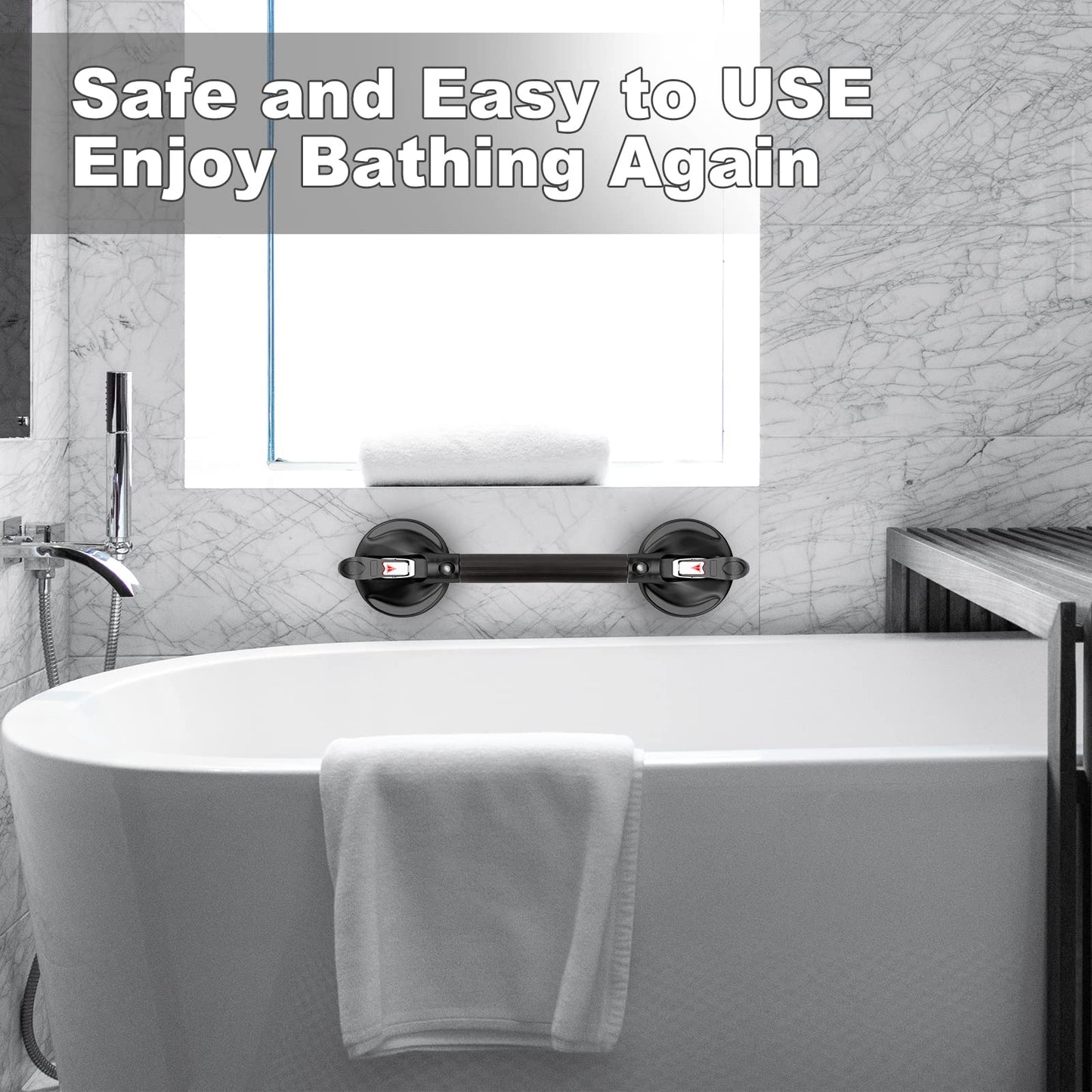 15-Inch Shower Handle - Upgraded Grab Bar with Strong Suction Cups for Bathtub & Shower Safety, Ideal for Seniors, Elderly, Disabled -Silver
