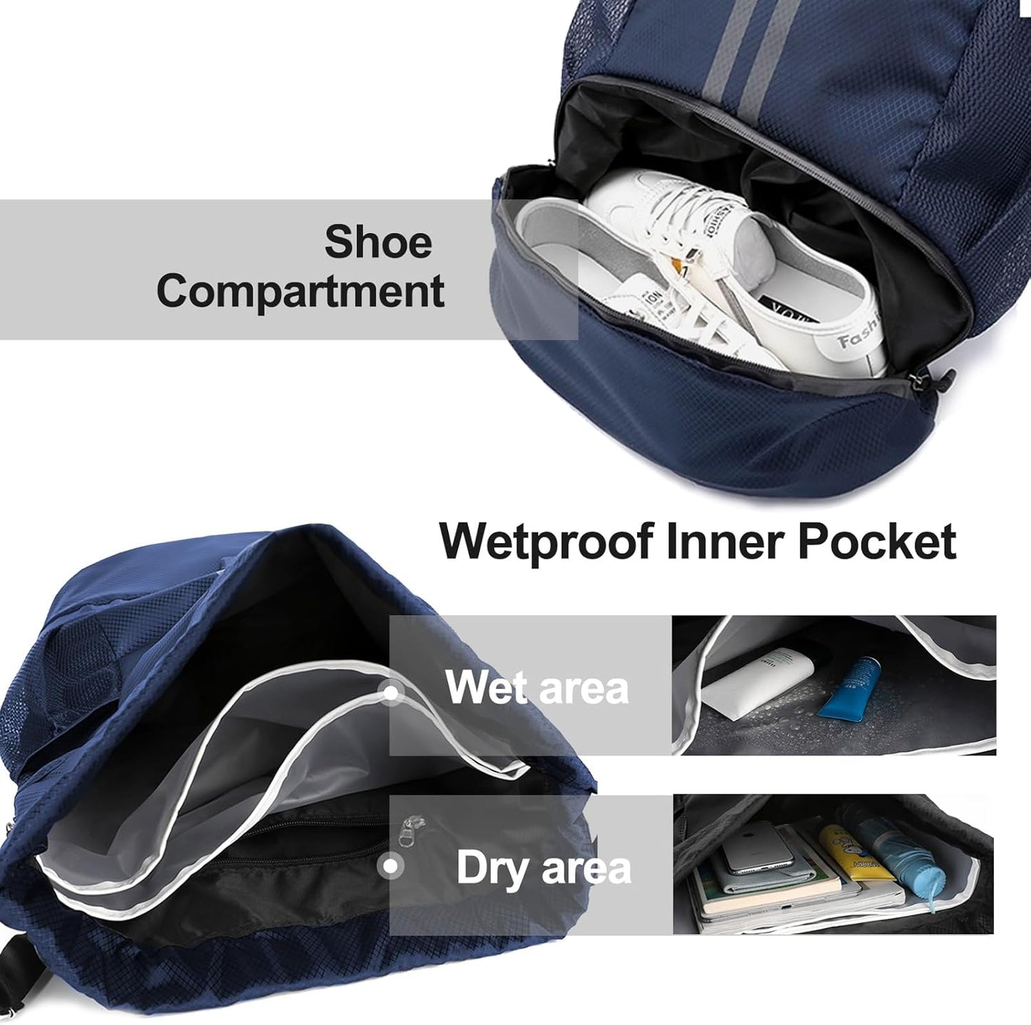 Hoedia Sports-Kordelzugrucksack – Schwimm-Turnbeutel mit Schuhfach und wasserdichter Tasche für Damen und Herren