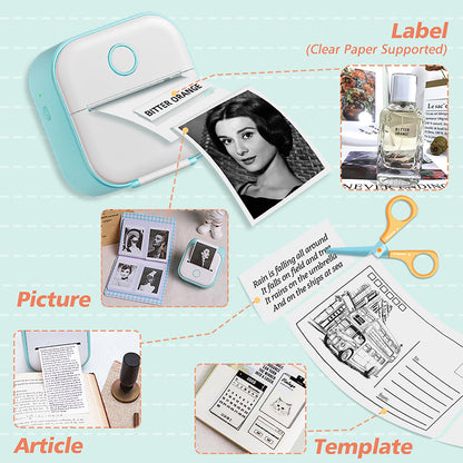 Memoking Mini-Drucker - T02 Aufkleberdrucker, Druckkapsel, tragbarer thermischer tintenloser Aufkleberhersteller, Bluetooth-Taschen-Minifotodrucker, Sofortdruck, Smart AI APP, für Studentenstudiennotizen, Tagebuch, Heimwerker, Geschenk