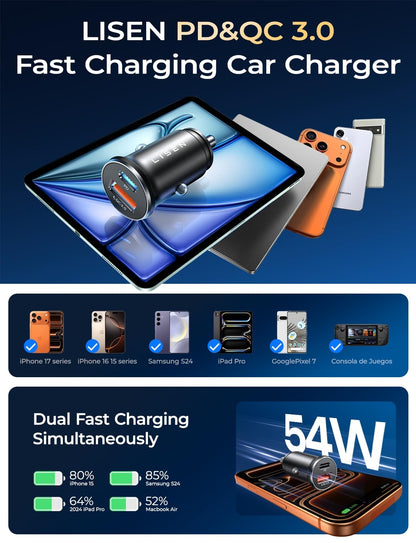 LISEN Mini USB C Auto-Ladegerät, [Aluminiumlegierung] Zigarettenanzünder-Adapter, 54W Auto-Ladegerät USB C Schnellladegerät, Auto Handy-Ladegerät, 12V USB-Steckdose, Auto-Zubehör für iPhone 17 16 Pro Max Air 15 Galaxy