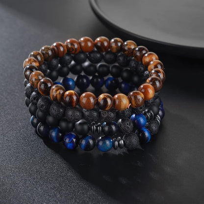 Tigerauge Armband für Herren 8MM Natursteinperlen Armband Set Stretch Lava Stein Armbänder Verstellbares Schwarzes Kristallperlenarmband für Herren Damen Geschenke