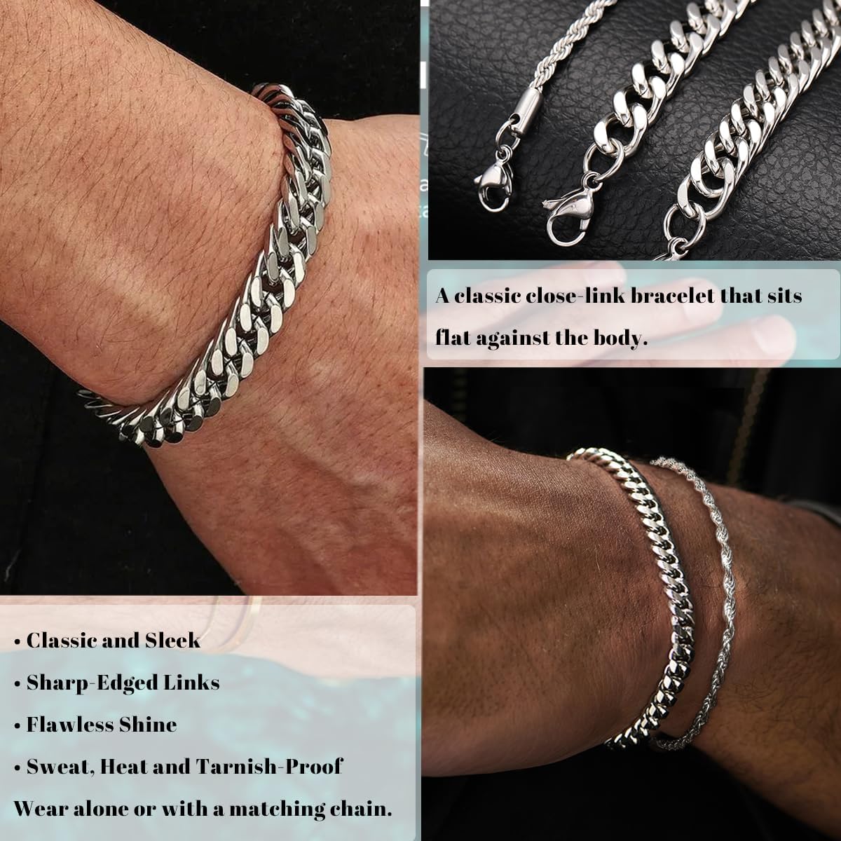 3 Stück Herren Silber Armbänder, robustes Curb Edelstahl Breite Schlangenkette Figaro Cuban Armband Set 7/7.8+1.2 Zoll verstellbares Stapel-Silberkettenarmband für Männer