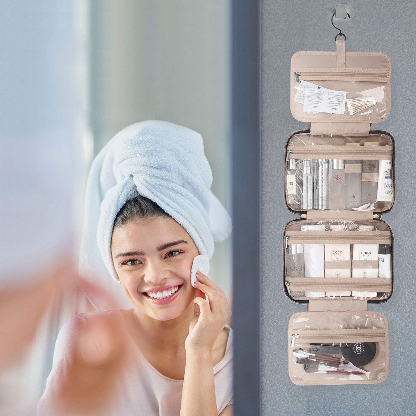 BAGSMART Kulturbeutel Reise-Organizer mit Aufhängehaken, wasserdichte Make-up-Kosmetiktasche für Zubehör, Shampoo, Standardbehälter, Toilettenartikel