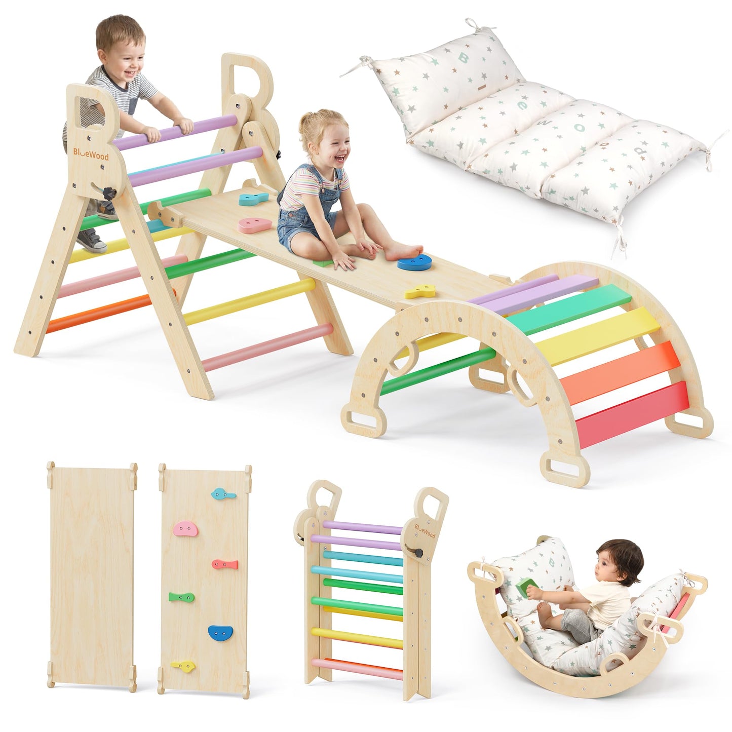 BlueWood Pikler Triangle Set with Cushion, 8-in-1 Climbing Toys for Toddlers, Montessori Philosophy Play Jungle Gym with Arch, Ramp, Ladder(Natural Wood)