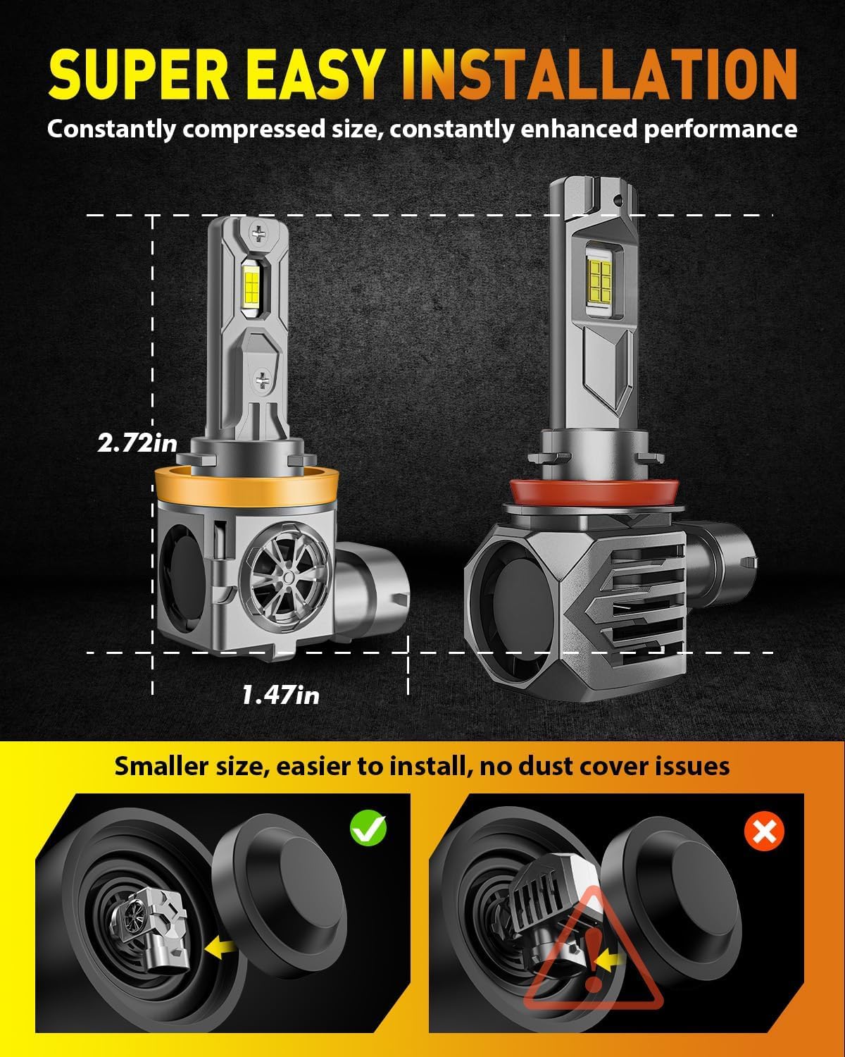 Termitor Latest H11/H9 Bulbs, 40,000LM Super Brighter, 6500K Cool White, 1:1 Mini Halogen Size H11 Driving Fog Lights with Cooling Fan, Plug and Play, Pack of 2