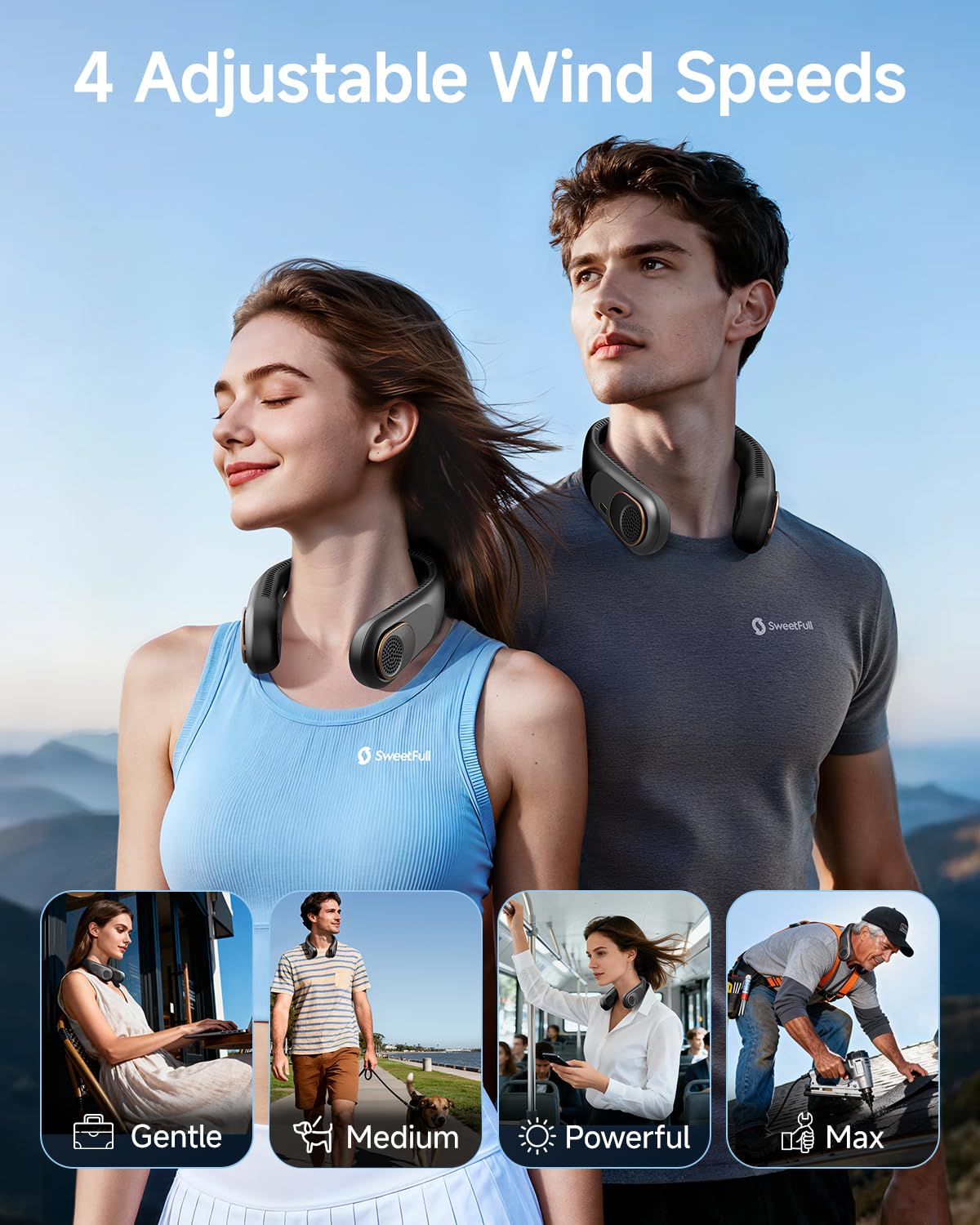 SWEETFULL Portable Neck Fan: 5200mAh Bladeless Personal Fan | 4 Speeds, 20H Max Runtime, No Hair Twist Quiet Wearable Fan for Travel | Birthday Gifts for Men Women Mom Dad