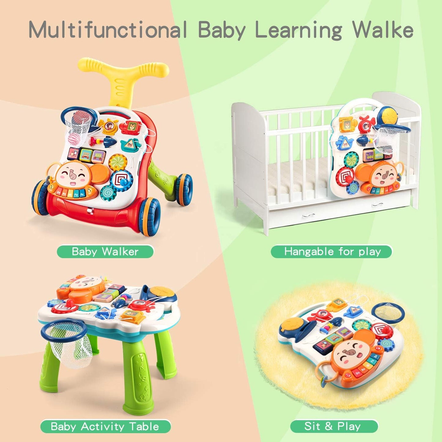 CUTE STONE Sitz-Steh-Lernlaufwagen, 2-in-1 Baby-Lauflernhilfe, frühpädagogisches Aktivitätszentrum für Kinder, multifunktionale abnehmbare Spielkonsole, musikalisches Lernspielzeug für Kleinkinder, Jungen und Mädchen