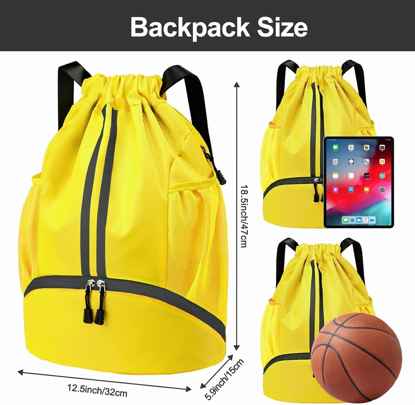 Hoedia Sports-Kordelzugrucksack – Schwimm-Turnbeutel mit Schuhfach und wasserdichter Tasche für Damen und Herren