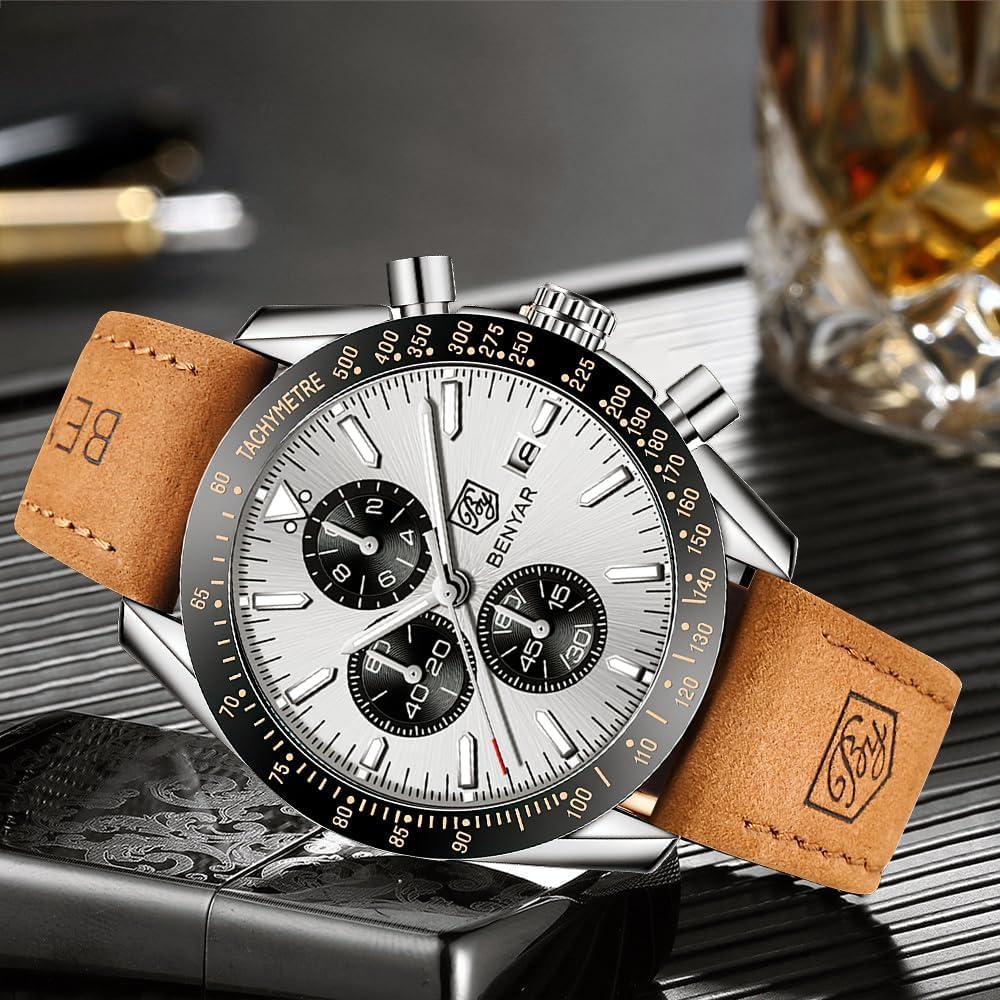 BY BENYAR Uhren für Herren Analog Quarz Chronograph 30M Wasserdicht Leuchtend Großes Zifferblatt Herren Armbanduhren Business Arbeit Sport Freizeit Mode Designer Uhr Elegantes Geschenk für Herren