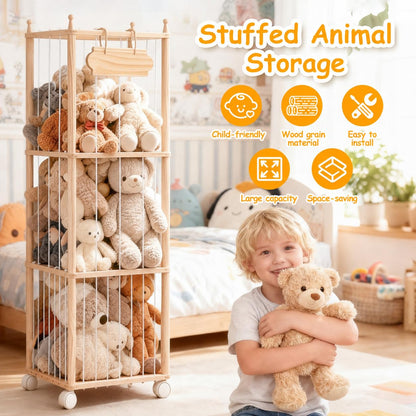 TANONE Stuffed Animal Storage - Wooden Large Organizer Holder for Playroom - Plush Zoo Animals Holder with Elastic Cords & Brake Wheel for Toddler Bedroom Toy Stuff Organization