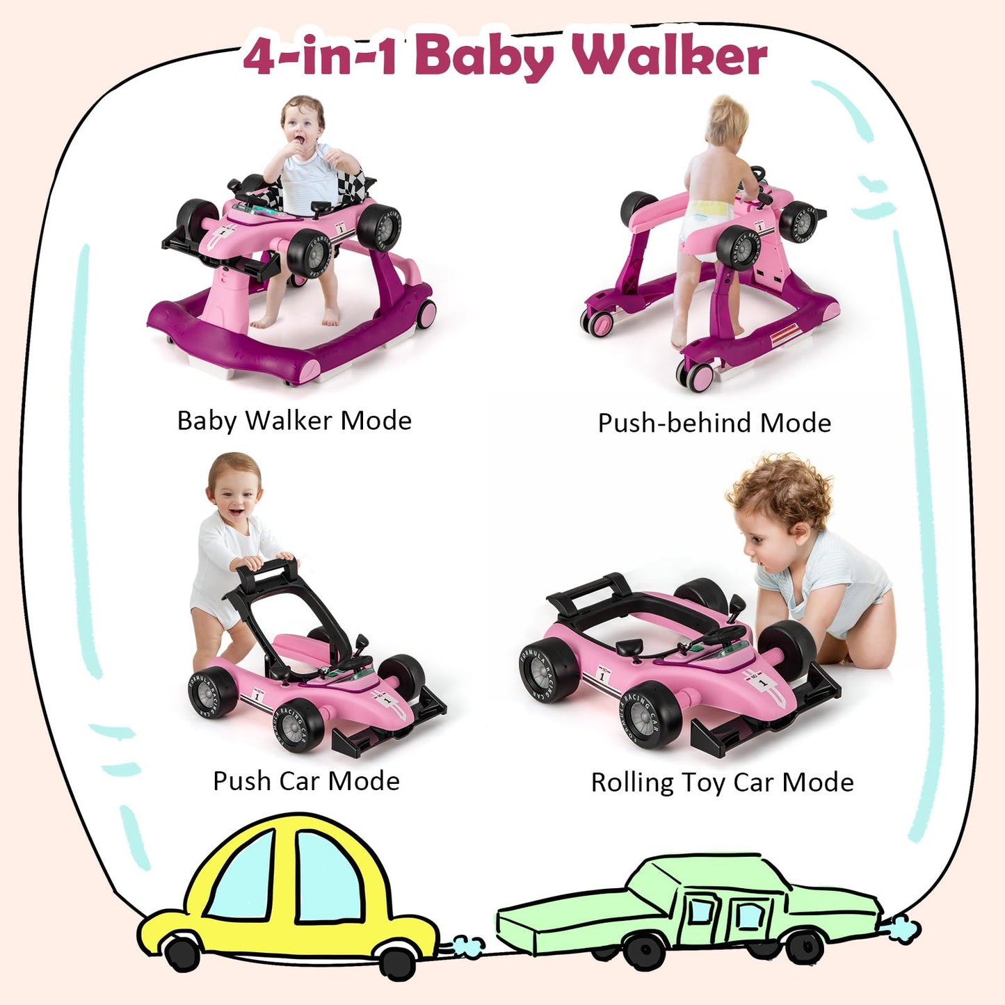 HONEY JOY 4-in-1 Baby Walker, Activity Push Walker w/3 Adjustable Heights, Smooth Wheels w/Adjustable Speed, Padded Seat, Music & Light, Foldable Car Walker for Baby Boys Girls Age 6 Months+ (Blue)