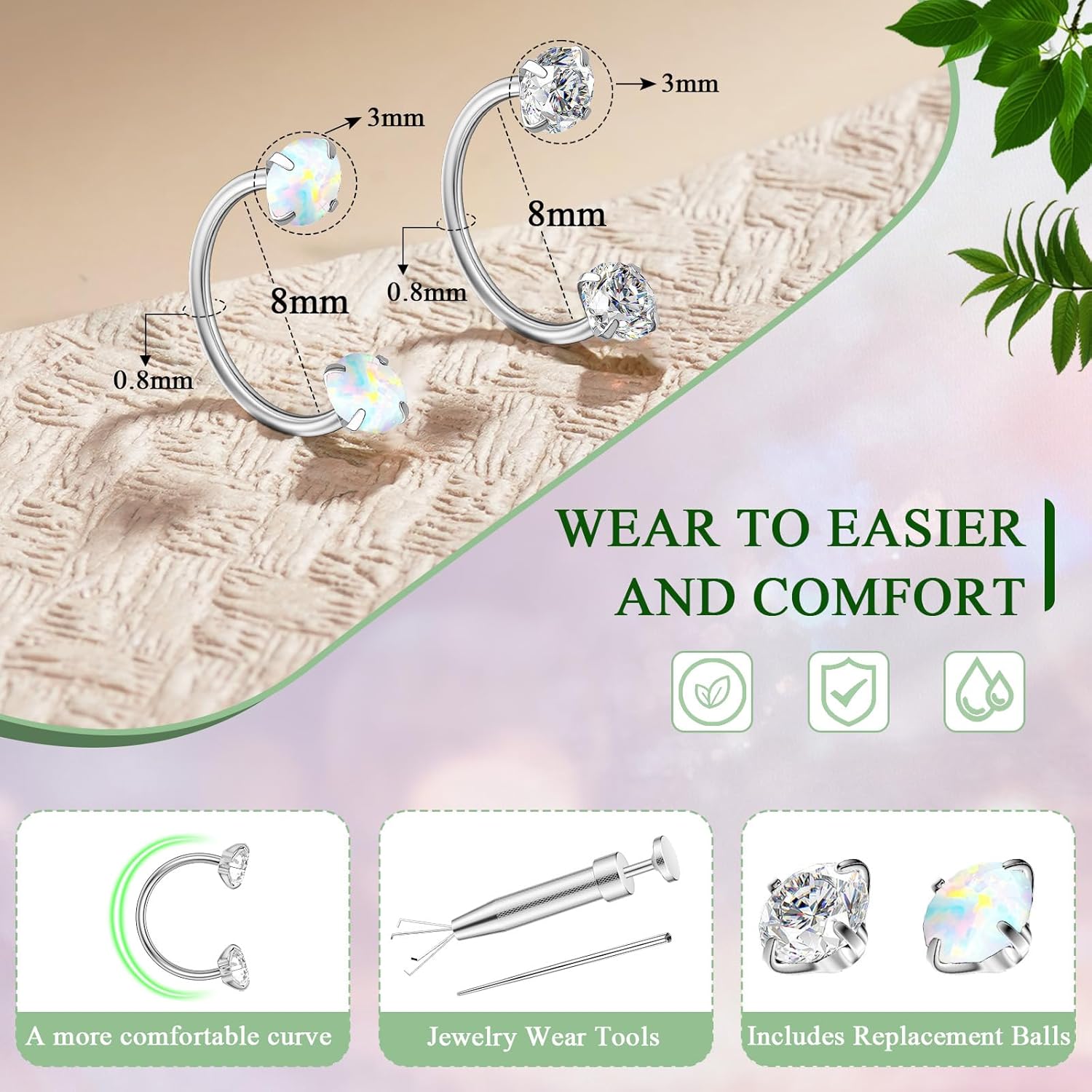 Opal Nose Ring Studs Horseshoe Nose Rings Hoops Stud 316L Stainless Steel Nose Rings Round CZ Square Screw L Shaped Nose Stud Hypoallergenic Nostril Piercing Jewelry for Women Men