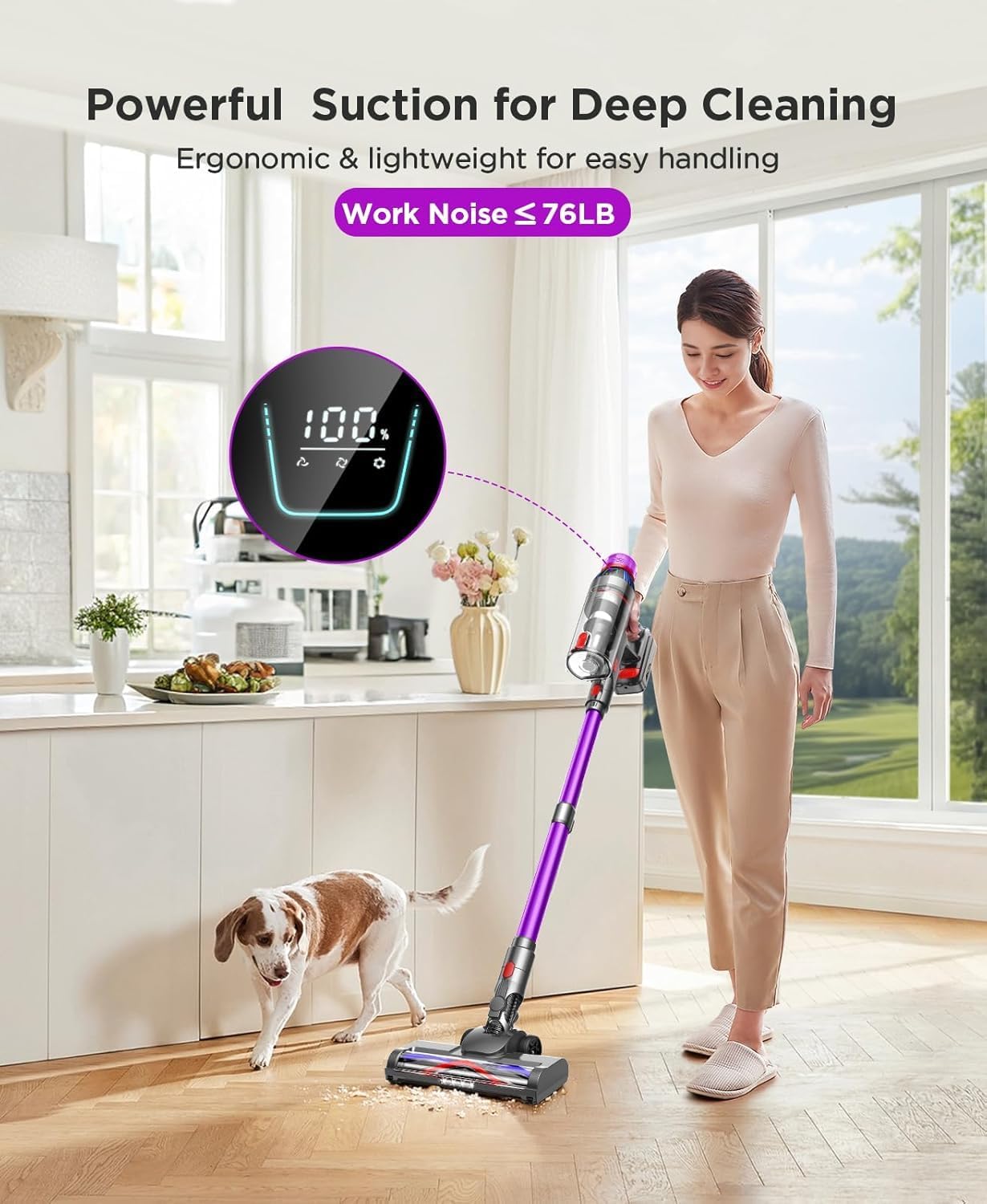 MQDXE Cordless Stick Vacuum Cleaner: 550W Powerful Suction, LED Display, 55 Min Runtime, Anti-Tangle Brush, Rechargeable Battery, Lightweight for Home, Pet Hair, Hard Floors, Carpet