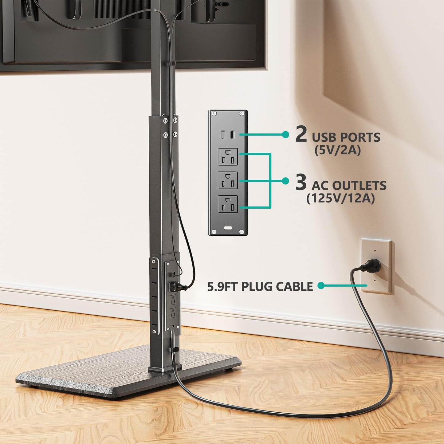 WALI Rolling TV Stand with Power Outlet & AV Shelf, Mobile Tall TV Stand Mount on Wheels for 34-75 inch TV up to 110 lbs, Swivel Height Adjustable TV Cart with Wood Base for Bedroom(TVDVD-6PRW), White