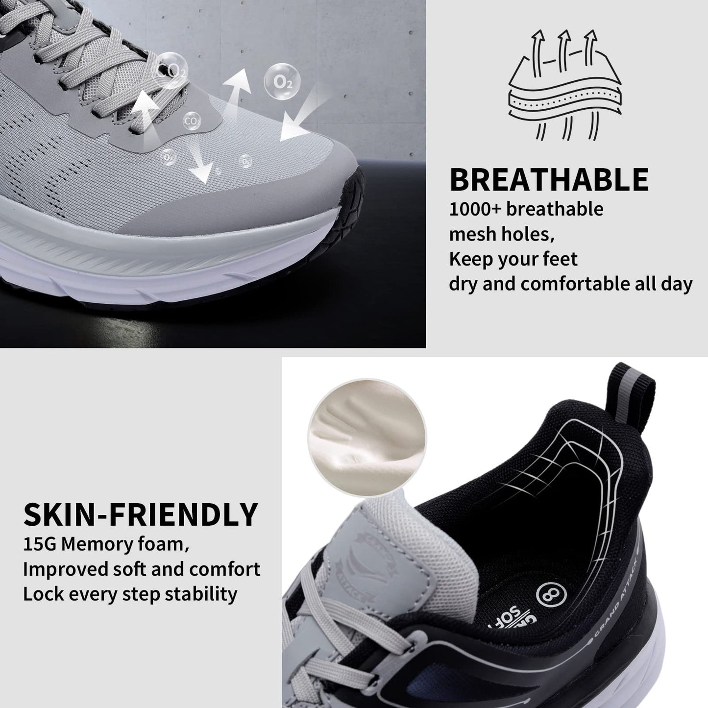 Grand Attack Men's Road Running Walking Shoes | Max Cushioned Comfort | Durable Non-Slip | Breathable Athletic Tennis Cross-Training Sneakers