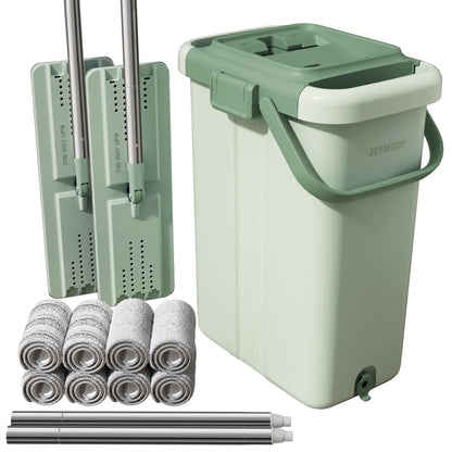 JOYMOOP Wischmopp und Eimer mit Auswringsystem, Freihand-Flachmopp und Eimer, mit 3 waschbaren Mikrofaserpads, Nass- und Trockengebrauch, Bodenreinigungssystem