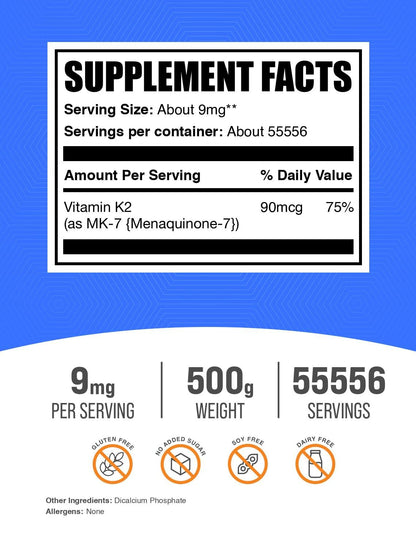 BulkSupplements.com Vitamin K2 Powder - Vitamin K2 MK-7, as Menaquinone Powder - K2 Vitamin Supplement for Wellness, Gluten Free, 9mg per Serving, 500g (1.1 lbs) (Pack of 1)