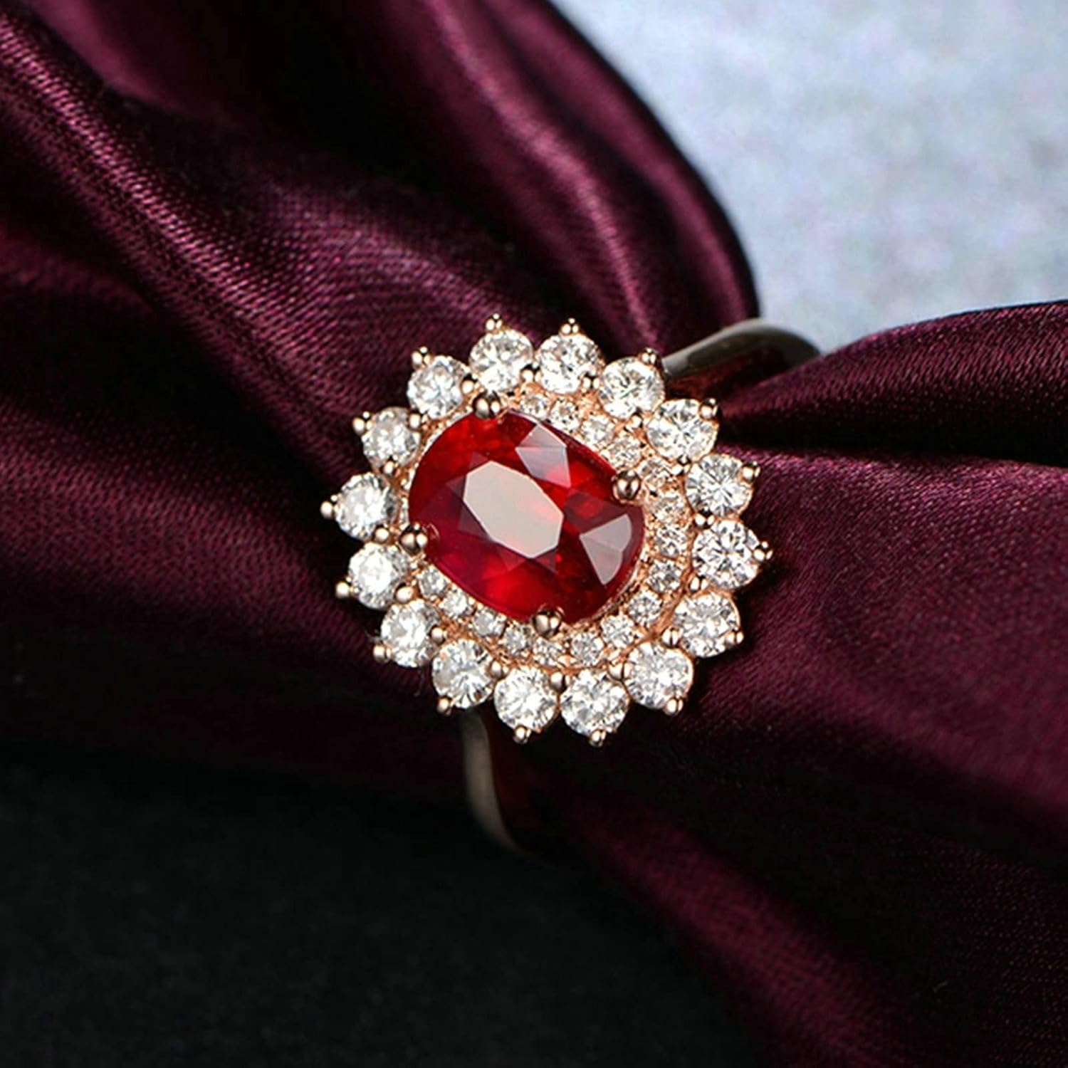 18K Rose Gold Marriage Rings for Women, Women Engagement Ring Flower Inlaid 2.03ct Pigeon Blood Ruby with 0.75ct Diamond Wedding Bands, 10.5, 18K Rose Gold, Cubic Zirconia