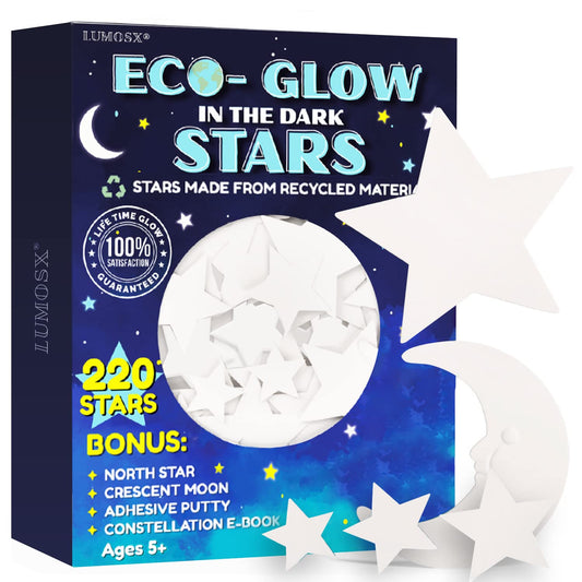 Glow in the Dark Ceiling Stars for Kids Room – 220pcs Glow Stars for Ceiling Made from Recycled Materials with Moon, North Star & Constellation E-Book | LUMOSX