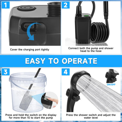 vignuto Portable Shower for Camping, Rechargeable Camping Shower Pump with LED Display of Battery Level and Temperature