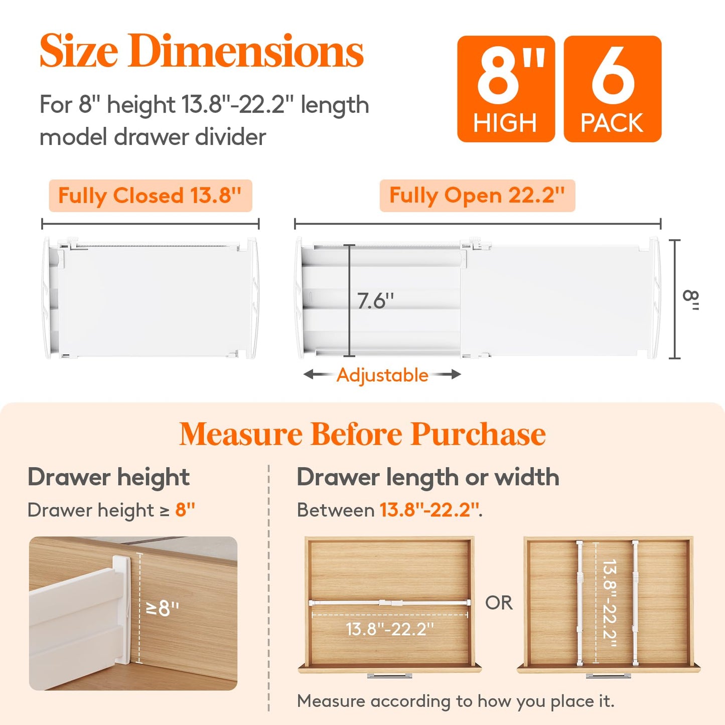 Lifewit 8" Tall 4 Pack Drawer Dividers, 13.8"-22.2" Adjustable Deep Drawer Organizer Clothes, Expandable White Plastic Separators for Dresser, Kitchen, Cabinet, Closet, Office Organization & Storage