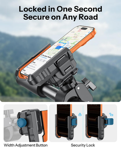 OMOTON BK01 Anti-Vibration Phone Mount, Quick Lock Shockproof Bike & Motorcycle Cell Phone Holder, Fits iPhone & Android for Riders on E-Bike, Stroller, Scooter, Fits Handlebars & Rearview Mirror