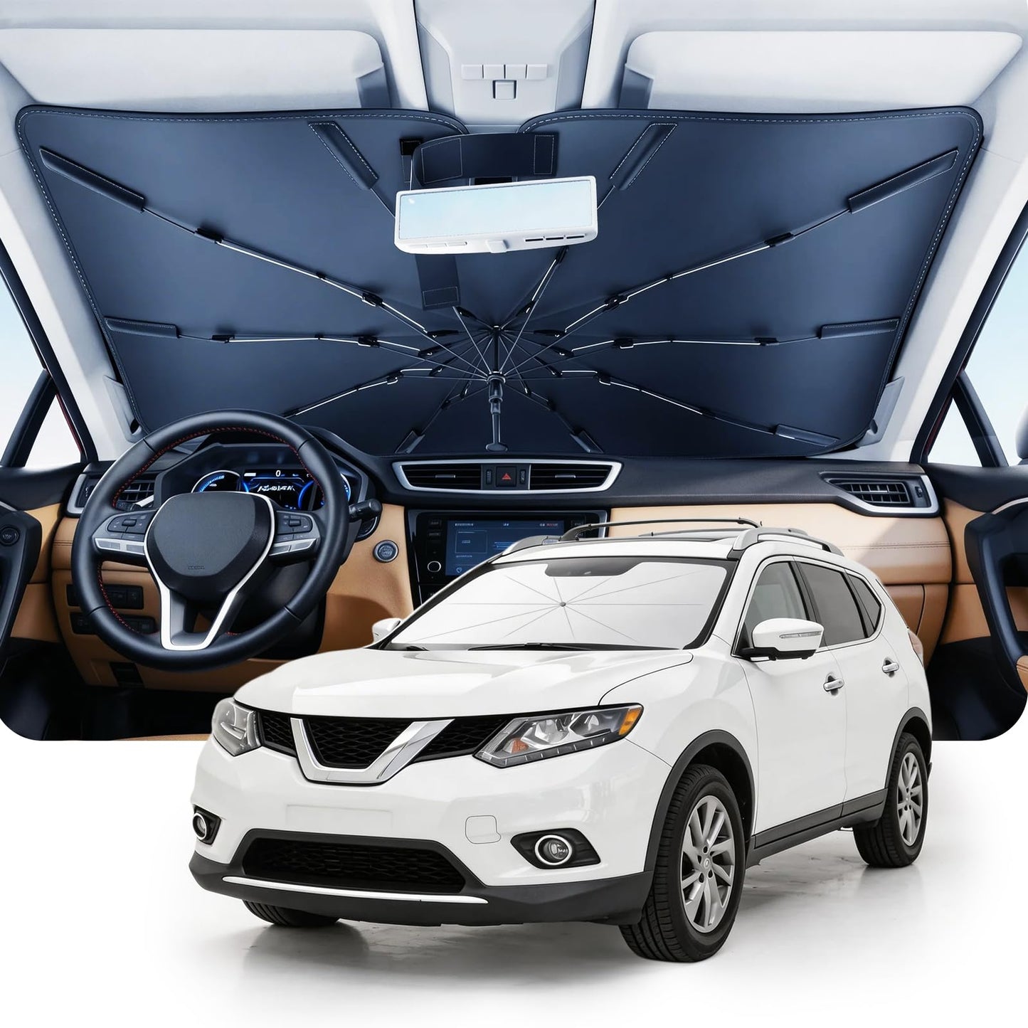 DMJN Umbrella Windshield Sun Shade for Jeep Grand Cherokee (2011-2026), Car Sunshade for Front Windshield [Nano Ice-Crystal Coatings] UPF50+ Heat & UV Block, Protect Interior & Keep Cooler
